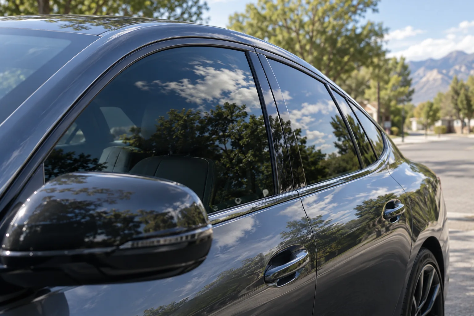 Close-up of tinted car side glass with the street reflected in it