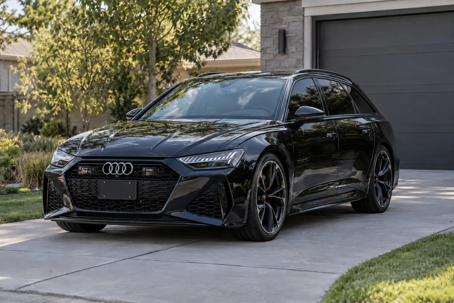 A black Audi RS6 Avant with dark tinted windows on a sunny street