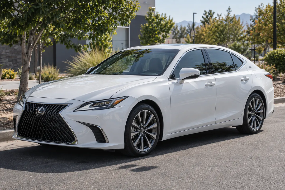 A white Lexus sedan with light ceramic tint on a sunny street