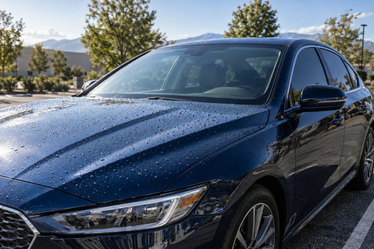 Water beading on the glossy coated hood of a dark blue car