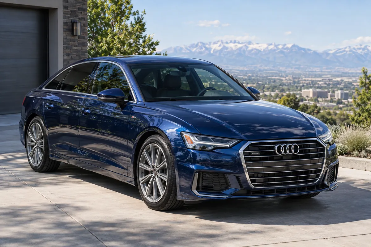 A deep blue Audi sedan with glossy coated paint on a sunny driveway