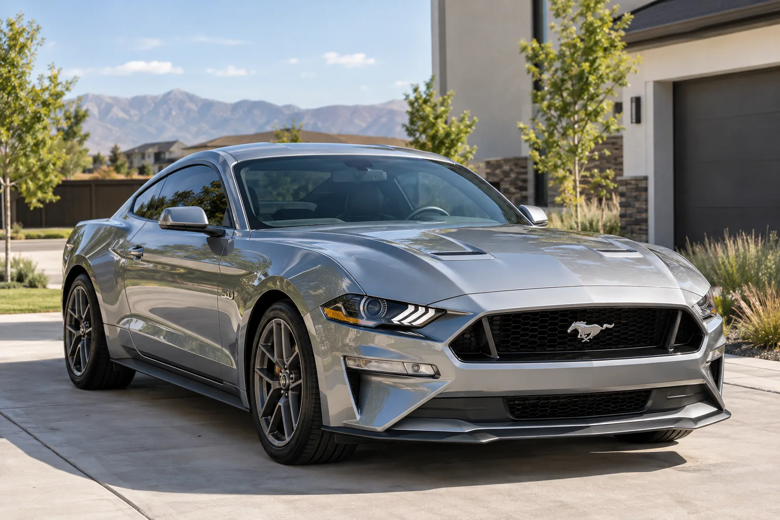 A silver Ford Mustang with glossy coated paint in the sun