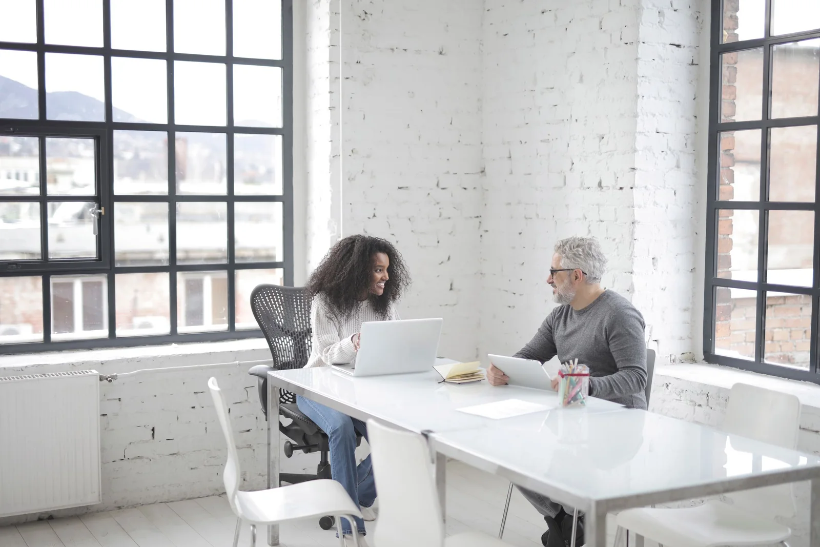 A bright office with big windows