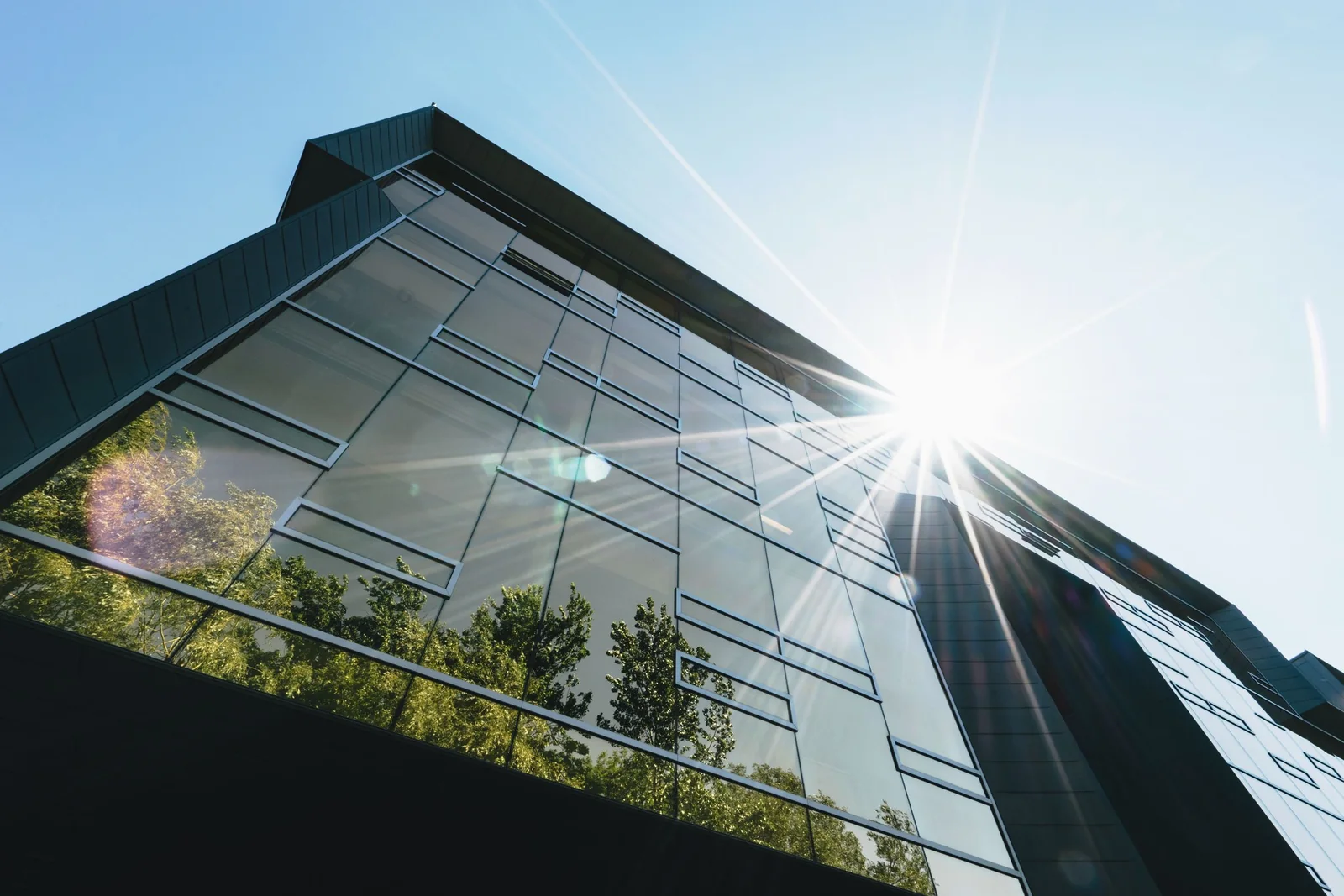 A glass office building in bright sun