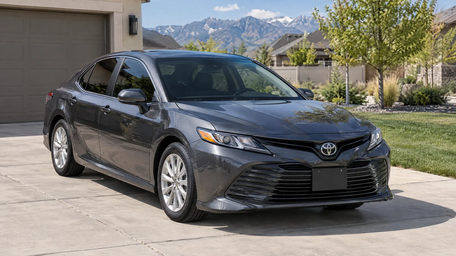 A gray Toyota Camry with clear headlights on a sunny driveway