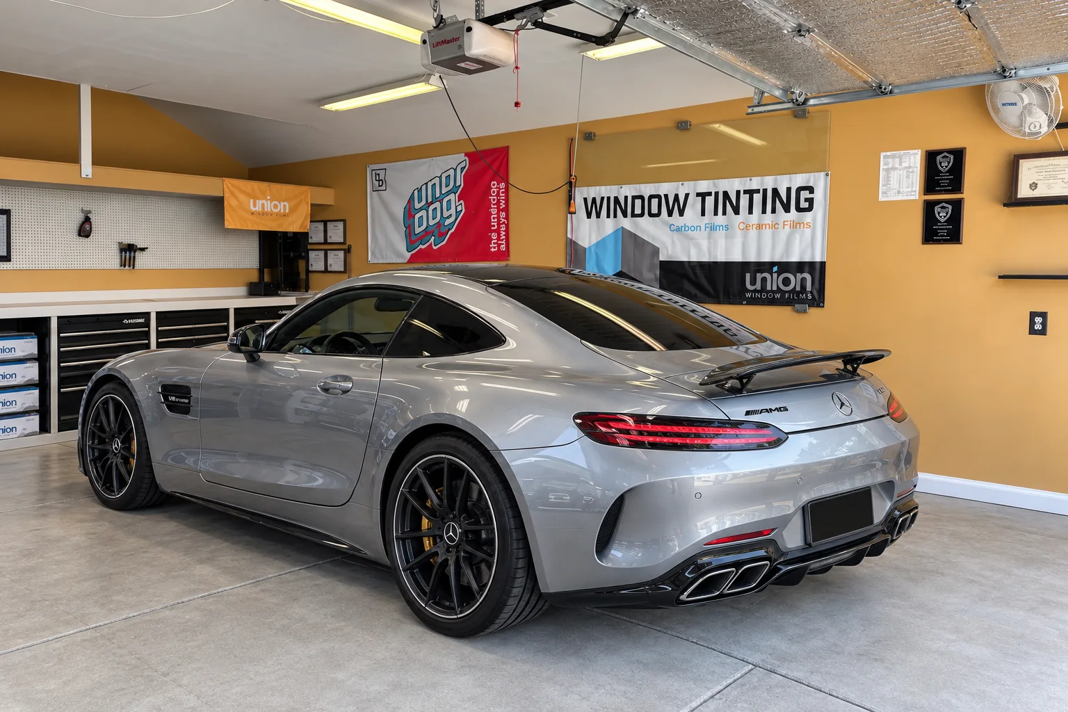A silver Mercedes-AMG GT in the Asap Window Tint bay