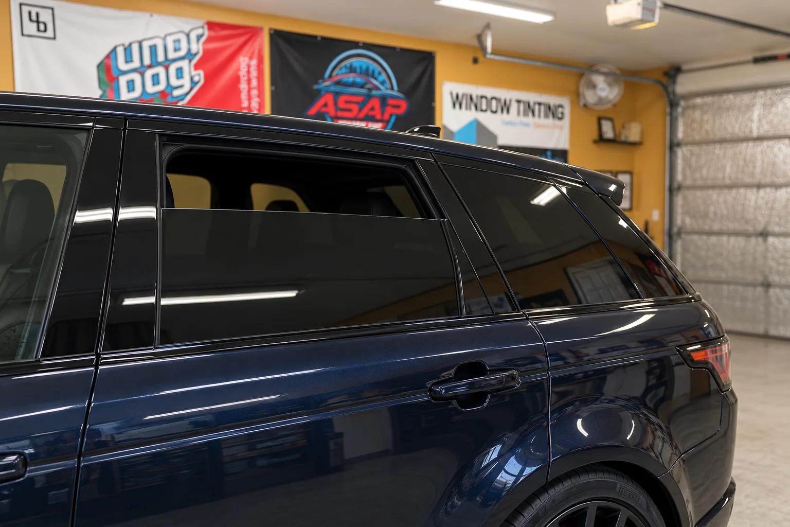 A window part way down showing the clean top edge of its tint