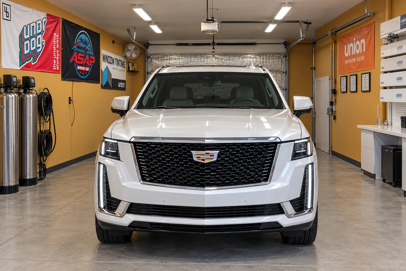 A white Cadillac Escalade with finished tint, ready to hand back