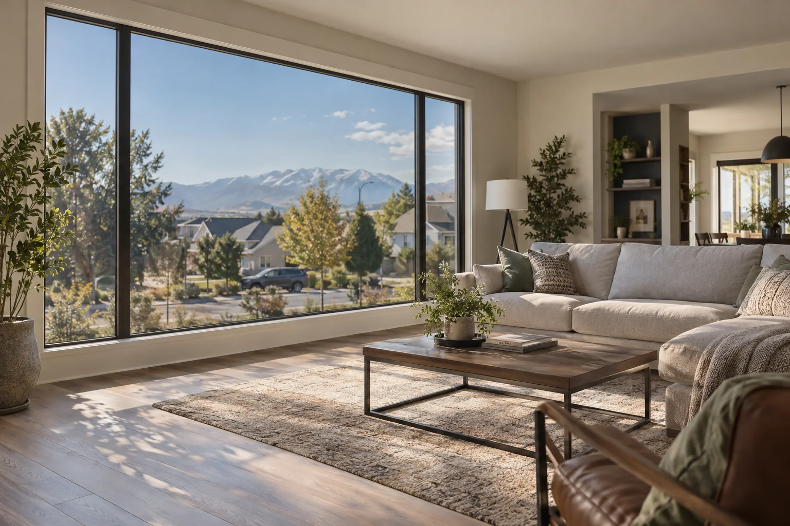 A bright living room with filmed windows and a mountain view
