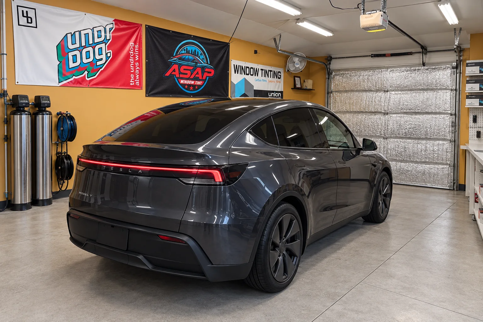 A gray Tesla Model Y with tinted windows in the Asap Window Tint bay